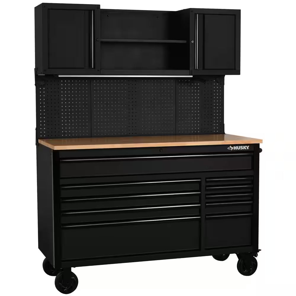 56 In. W X 27.6 In. D 10-Drawer Matte Black Heavy-Duty Mobile Workbench with Pegboard and Top Cabinets