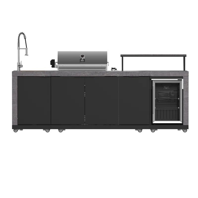 Rimini Outdoor Kitchen 30" BBQ 62,600 BTU, 3 Burners with Sear & Rotisserie, 2.4 Cu.Ft. Beverage Center, Stainless Steel Sink, Black Cabinets & Gray Sintered Stone Countertops