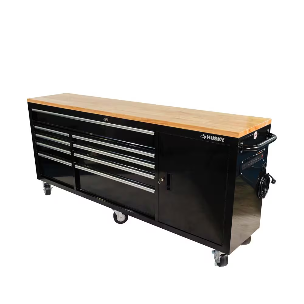 84 In. W X 18 In. D 9-Drawer Mobile Workbench with Wood Top in Gloss Black