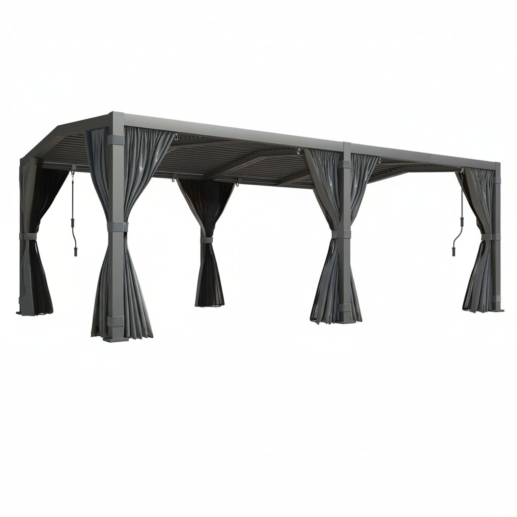 12X20 Louvered Pergola,Dark Grey Aluminum Frame with Adjustable Rainproof Roof, Featuring Waterproof Curtains and Nets
